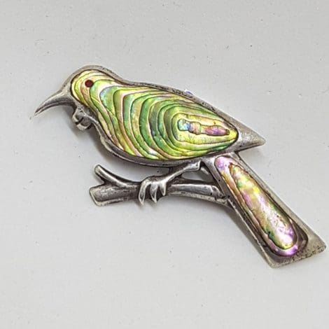 Sterling Silver New Zealand Paua Shell Bird on Branch Brooch - Vintage