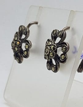 Sterling Silver Marcasite Flower Screw On Earrings - Vintage
