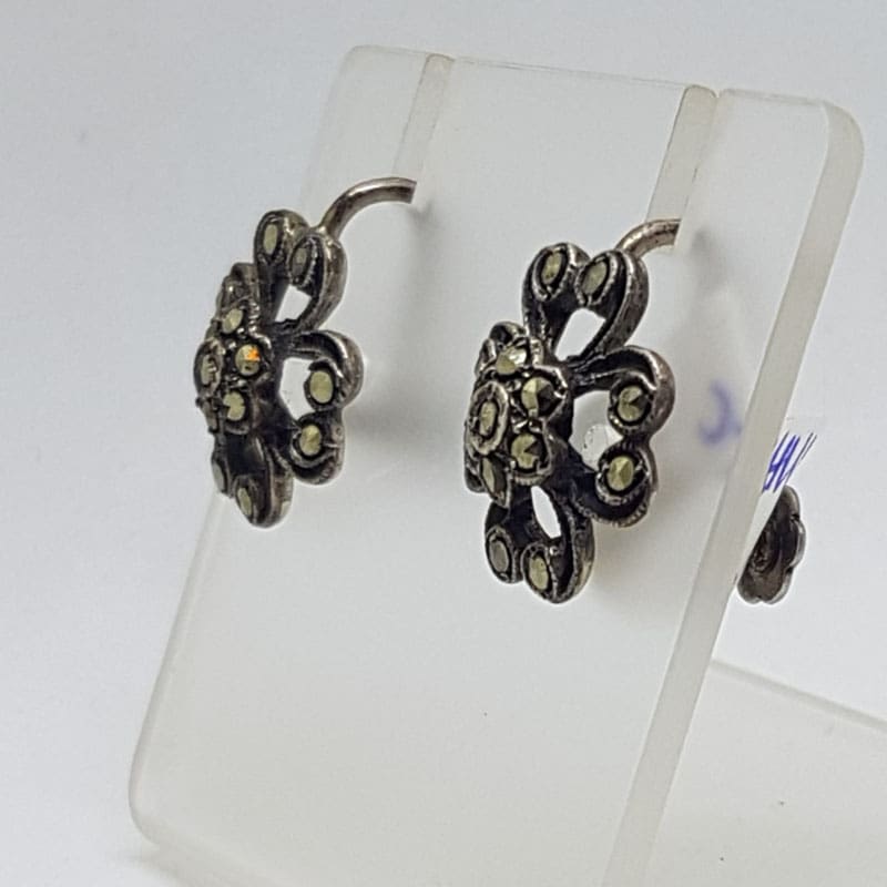Sterling Silver Marcasite Flower Screw On Earrings - Vintage