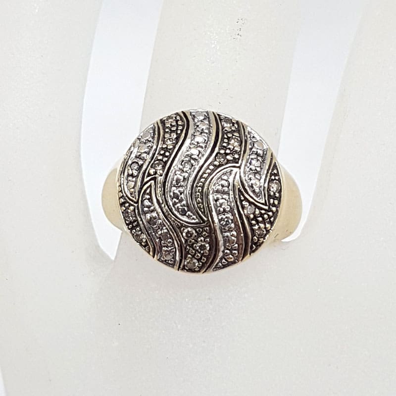 9ct Yellow Gold Large Round Diamond Cluster Ring Dark and Light Finish - Two Tone Wave Motif