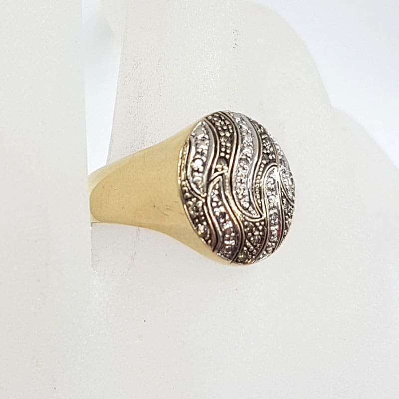 9ct Yellow Gold Large Round Diamond Cluster Ring Dark and Light Finish - Two Tone Wave Motif
