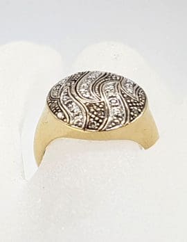 9ct Yellow Gold Large Round Diamond Cluster Ring Dark and Light Finish - Two Tone Wave Motif