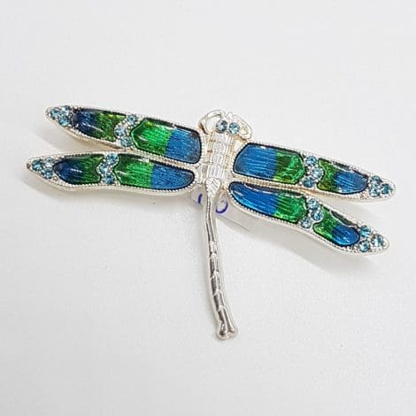Plated Blue and Green Dragonfly Brooch - Vintage Costume Jewellery