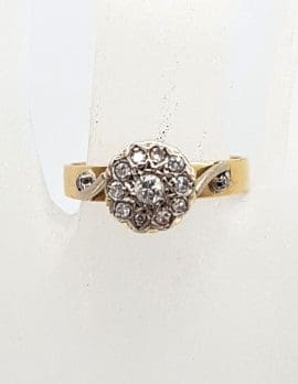 18ct Yellow Gold High Set Diamond Daisy Flower Cluster Ring / Engagement Ring - Antique / Vintage
