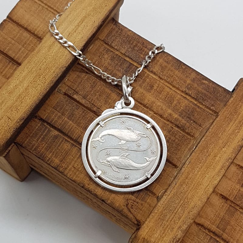 Sterling Silver Unique Pisces Fish / Dolphins Starsign Medallion Pendant on Silver Chain