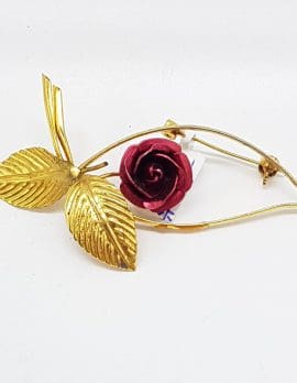 Plated Red Rose Flower Brooch – Vintage Costume Jewellery