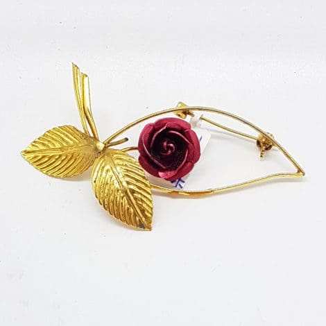 Plated Red Rose Flower Brooch – Vintage Costume Jewellery