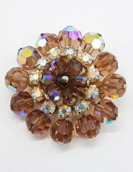 Plated Large Round Brown Crystal Cluster Brooch - Vintage Costume Jewellery