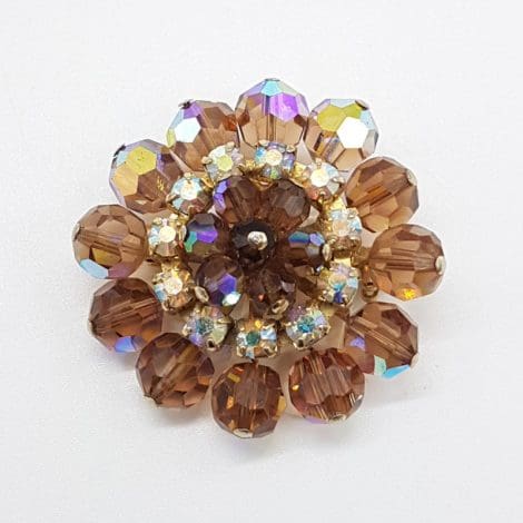Plated Large Round Brown Crystal Cluster Brooch - Vintage Costume Jewellery
