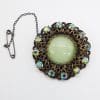 Plated Large Round Green Ornate Cluster Brooch - Vintage Costume Jewellery