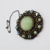 Plated Large Round Green Ornate Cluster Brooch - Vintage Costume Jewellery