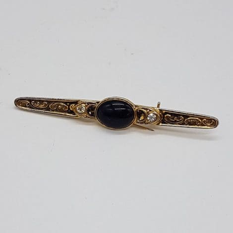 Plated Black Ornate Bar Brooch - Vintage Costume Jewellery