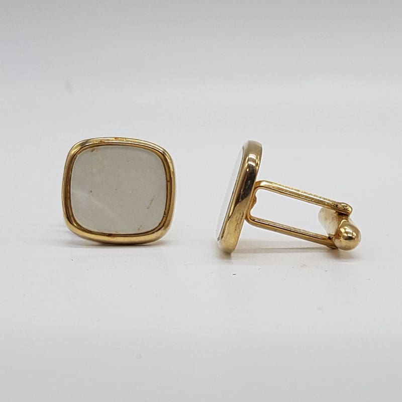 Plated Mother of Pearl Rectangular Cufflinks - Vintage Costume Jewellery Plated Mother of Pearl Rectangular Cufflinks - Vintage Costume Jewellery