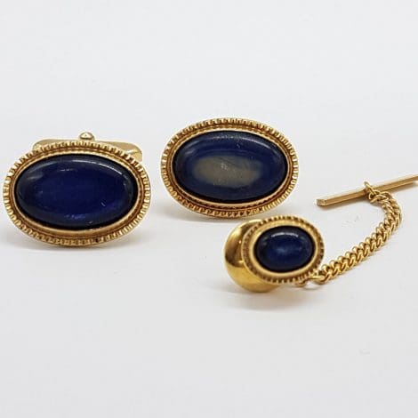 Plated Oval Black Cufflinks with Button Stud - Vintage Costume Jewellery