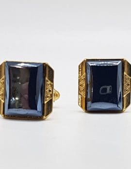Plated Iron Ore Ornate Patterned Sides Cufflinks - Vintage Costume Jewellery