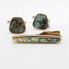 Plated Paua Shell Tie Bar and Cufflink Set - Vintage Costume Jewellery