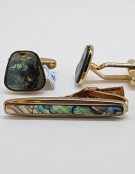 Plated Paua Shell Tie Bar and Cufflink Set - Vintage Costume Jewellery