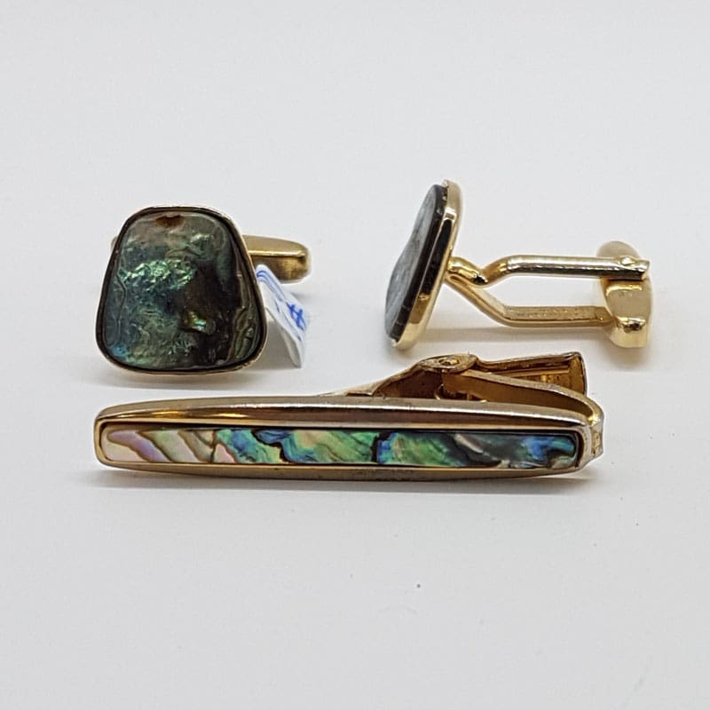 Plated Paua Shell Tie Bar and Cufflink Set - Vintage Costume Jewellery Plated Paua Shell Tie Bar and Cufflink Set - Vintage Costume Jewellery
