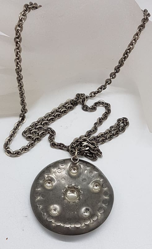 Pewter Georg Jensen Designer Large Round Pendant on Chain - Vintage Costume Jewellery