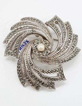 Large Marcasite Swirl Brooch - Plated - Antique / Vintage