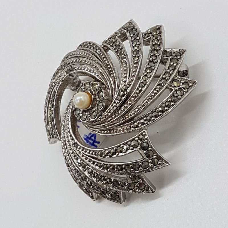 Large Marcasite Swirl Brooch - Plated - Antique / Vintage
