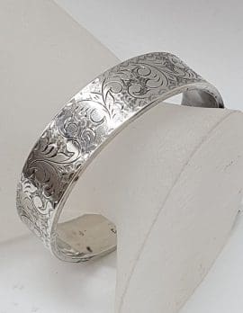 Sterling Silver Wide Ornate Etched Floral Motif Hinged Bangle - Antique / Vintage