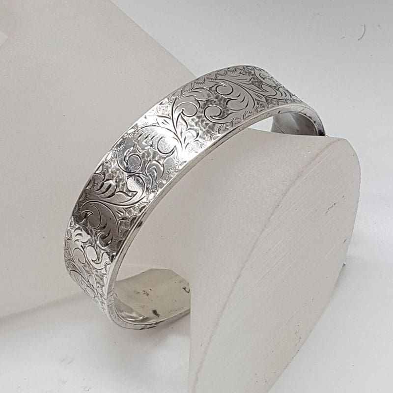 Sterling Silver Wide Ornate Etched Floral Motif Hinged Bangle - Antique / Vintage