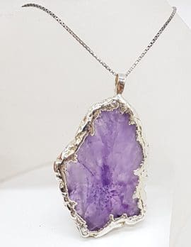 Sterling Silver Very Large Natural Amethyst Slice - Free Form - Pendant on Silver Chain