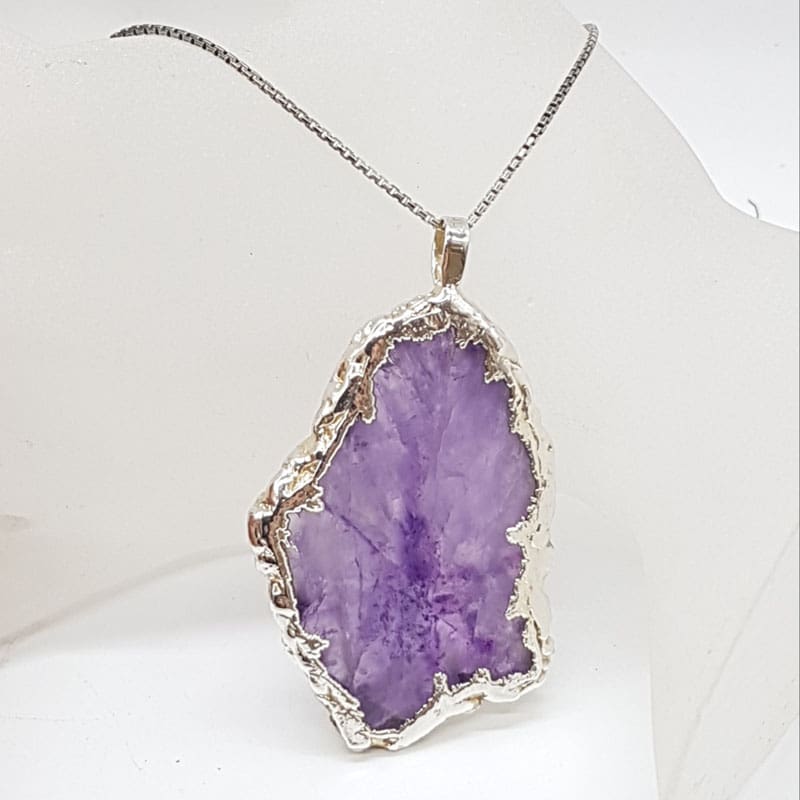 Sterling Silver Very Large Natural Amethyst Slice - Free Form - Pendant on Silver Chain