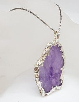 Sterling Silver Very Large Natural Amethyst Slice - Free Form - Pendant on Silver Chain