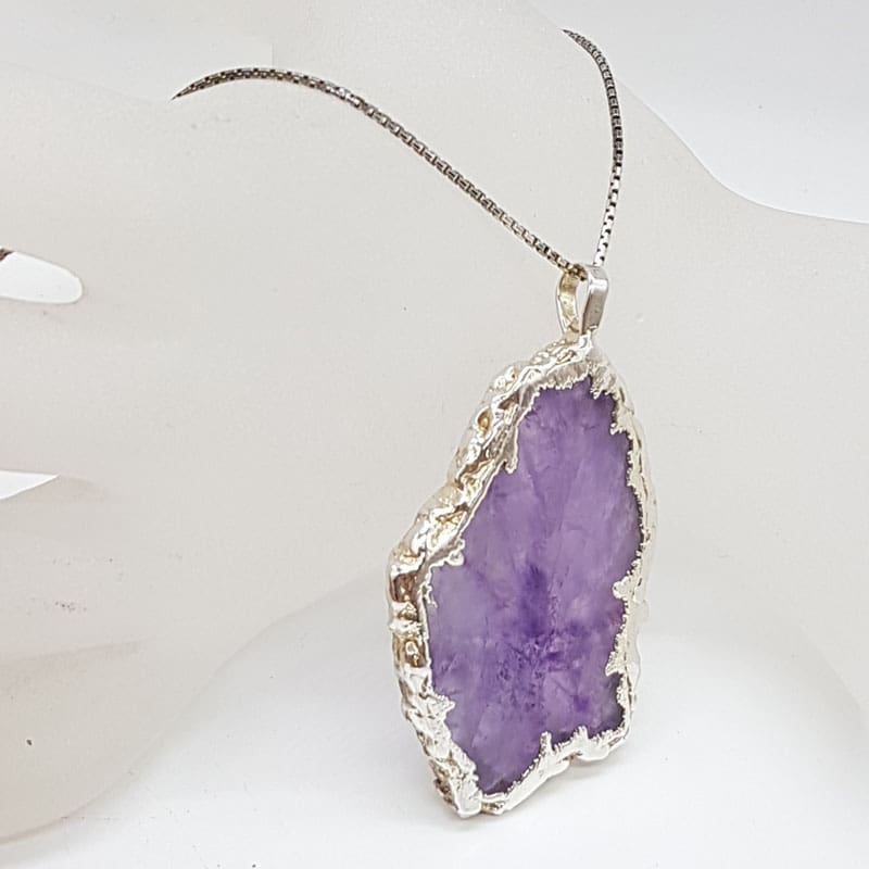 Sterling Silver Very Large Natural Amethyst Slice - Free Form - Pendant on Silver Chain