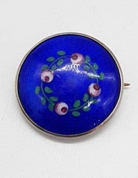Sterling Silver Round Blue Guilloche Enamel Floral Brooch - Vintage / Antique