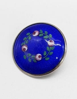 Sterling Silver Round Blue Guilloche Enamel Floral Brooch - Vintage / Antique