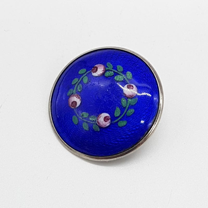 Sterling Silver Round Blue Guilloche Enamel Floral Brooch - Vintage / Antique Sterling Silver Round Blue Guilloche Enamel Floral Brooch - Vintage / Antique