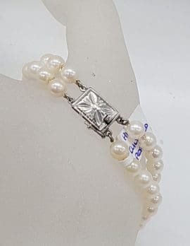 Sterling Silver Cultured Pearl Two Strand Bracelet with Ornate Clasp - Antique / Vintage