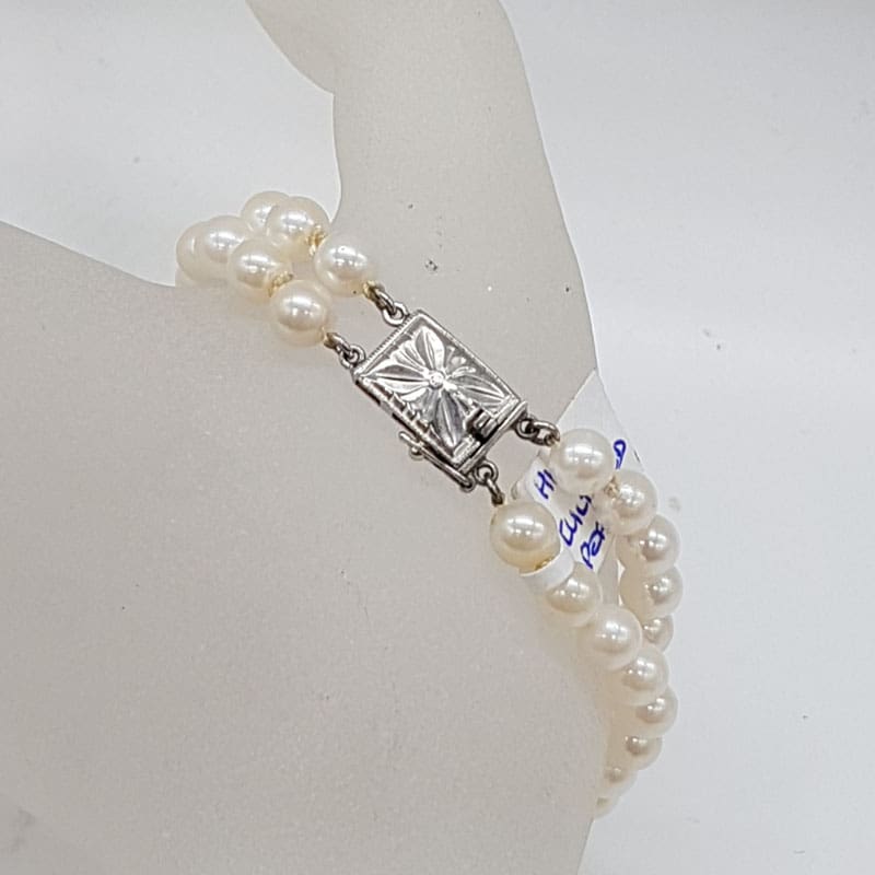 Sterling Silver Cultured Pearl Two Strand Bracelet with Ornate Clasp - Antique / Vintage Sterling Silver Cultured Pearl Two Strand Bracelet with Ornate Clasp - Antique / Vintage
