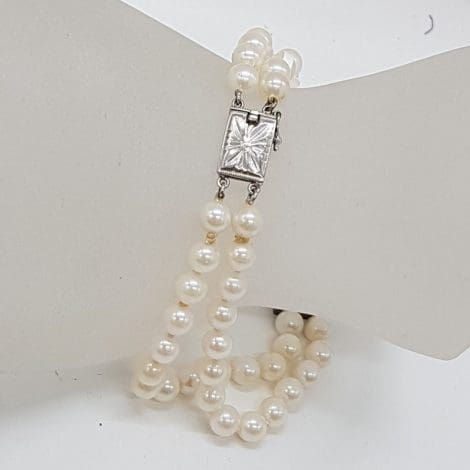 Sterling Silver Cultured Pearl Two Strand Bracelet with Ornate Clasp - Antique / Vintage