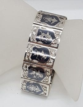 Sterlng Silver Black Niello Enamel Wide Ornate Siam Bracelet with Dancing Ladies - Antique / Vintage