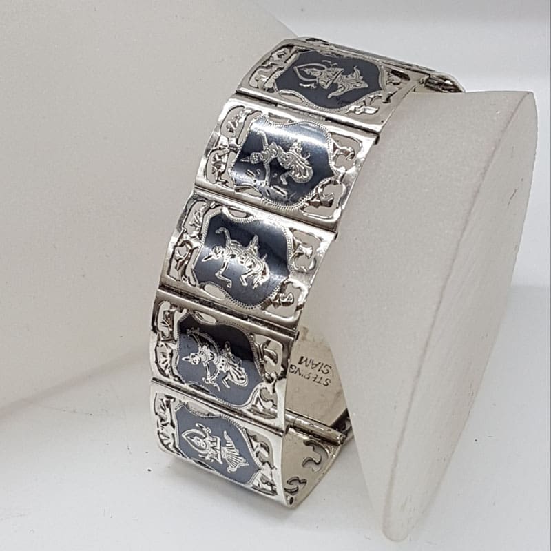 Sterlng Silver Black Niello Enamel Wide Ornate Siam Bracelet with Dancing Ladies - Antique / Vintage