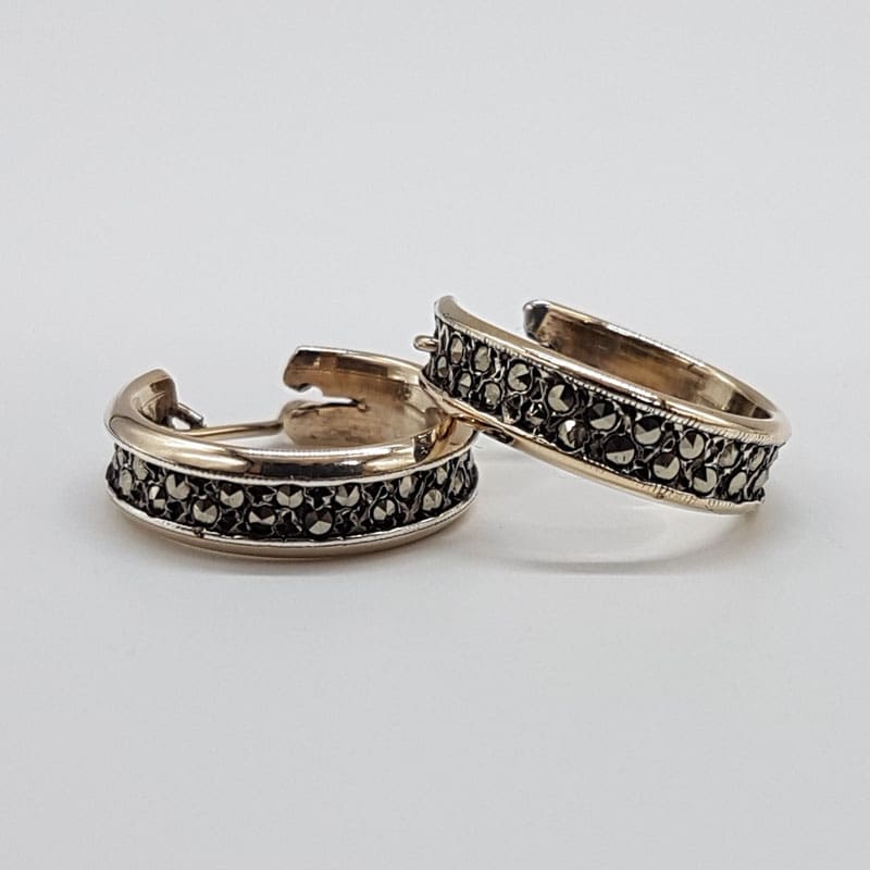 Sterling Silver Round Marcasite Hoops Earrings Vintage Antique