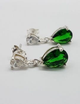 Sterling Silver Teardrop Green with Cubic Zirconia Drop Earrings