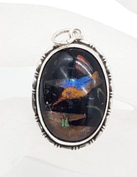 Sterling Silver Oval Hummingbird Design Brooch - Vintage / Antique
