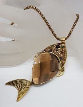 Large Plated Fish Pendant on Chain - Vintage Costume Jewellery