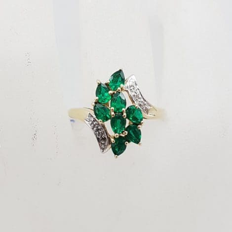 9ct Yellow Gold Created Emerald with Diamonds Cluster Ring
