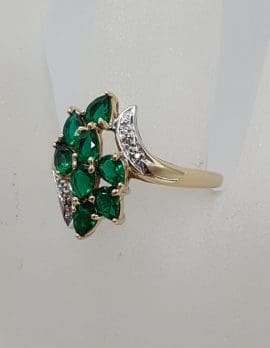 9ct Yellow Gold Created Emerald with Diamonds Cluster Ring