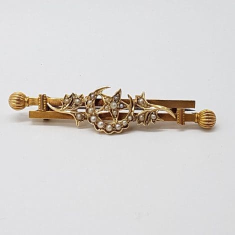 15ct Yellow Gold Victorian Crescent Moon and Star Seed Pearl Bar Brooch - Antique / Vintage
