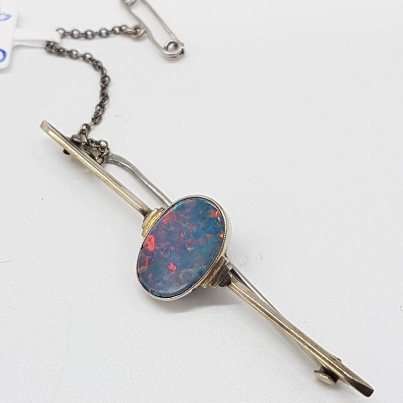 9ct White Gold Oval Opal Doublet Bar Brooch - Antique / Vintage