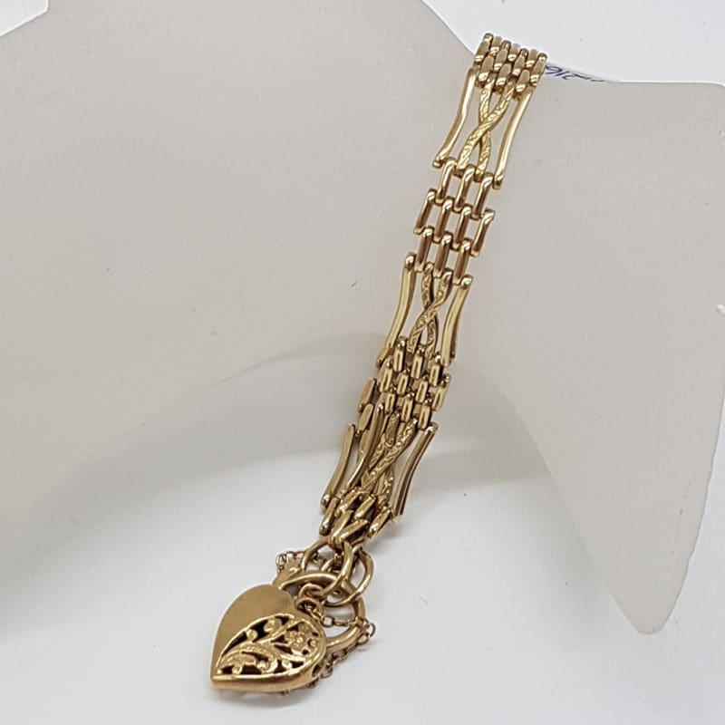 9ct Yellow Gold 4 Row Crossover Gate Link with Ornate Heart Padlock Bracelet