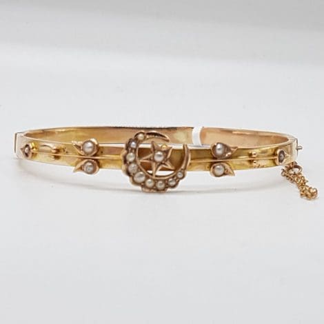 15ct Yellow Gold Victorian Crescent Moon and Star Hinged Bangle - Antique / Vintage