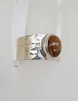 Sterling Silver Wide Beaten Design Band with Oval Tiger Eye Ring